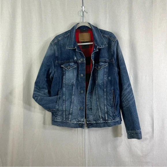 AE American Eagle flannel lined denim jean jacket men’s buffalo check Size Large - Picture 6 of 12